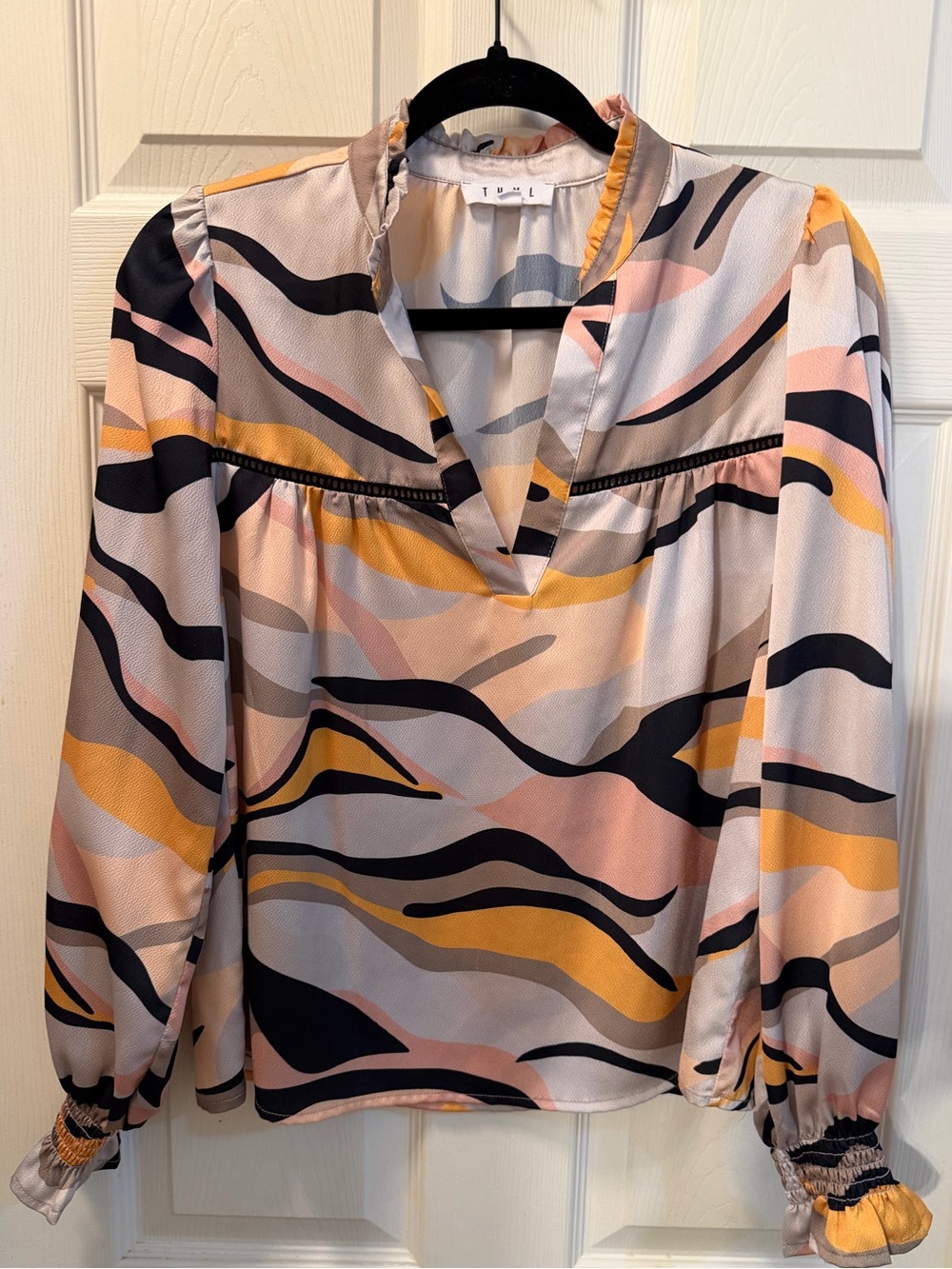 THML Multicolor Abstract Wave Print Blouse — Pink, Yellow, Black, Cream
